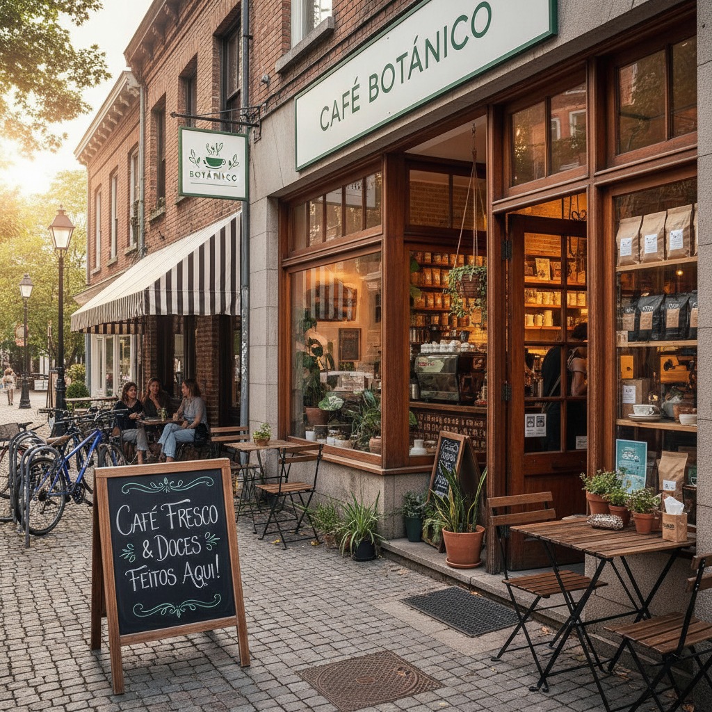 Fachada de um café charmoso com mesas na calçada, plantas decorativas e uma lousa com a inscrição "Café fresco & doces feitos aqui!".