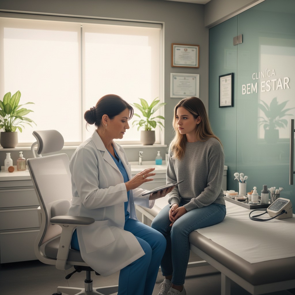 Médica de jaleco branco conversa com uma paciente sentada na maca em um consultório da Clínica Bem Estar.