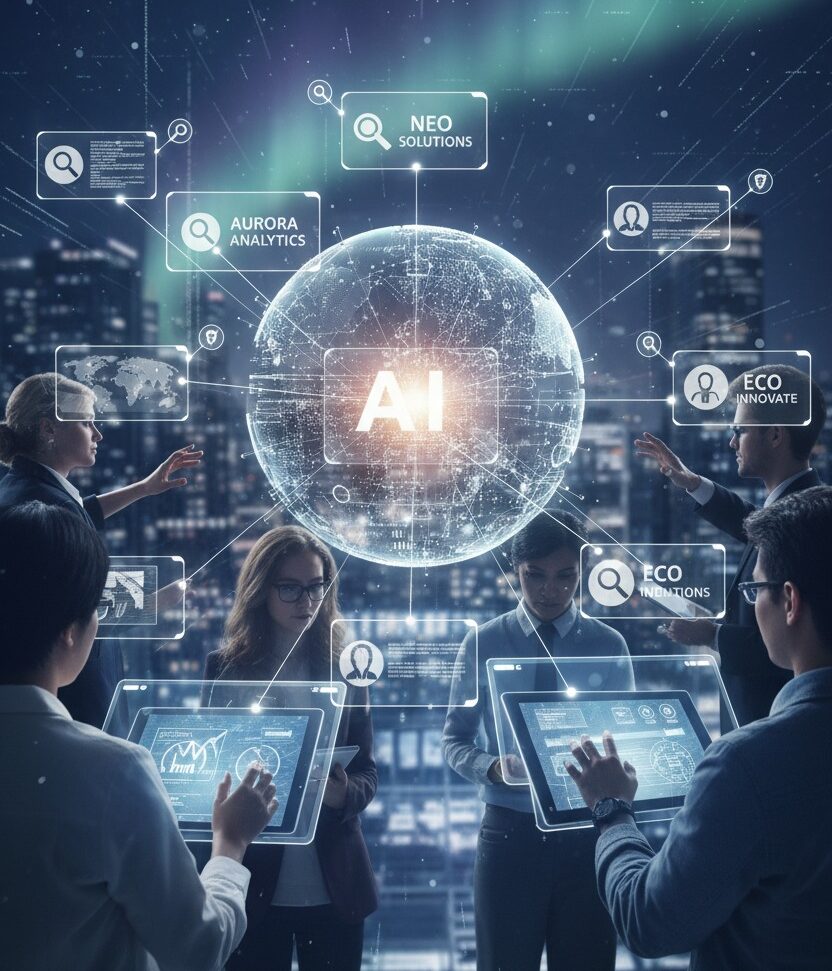 Uma equipe de profissionais interage com uma interface digital holográfica de inteligência artificial sobreposta a um globo terrestre em um ambiente corporativo noturno.